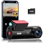 WiFi 4K Dash Cam for Cars with Front Camera, APP Control, Free 64GB SD Card, 170° Wide-Angle, Voice Broadcast, Night Vision, Loop Recording, G-Sensor, 24H Parking Monitor, Supports up to 128GB