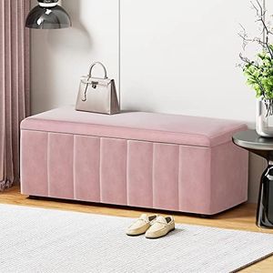 Artiss Upholstered Storage Ottoman, Foot Rest Stool Bench Padded Seat Blanket Box Chest Bedroom Living Room Indoor, 103 x 41.5 x 40cm Pink Open Lid Velvet Vertical Stripe Side