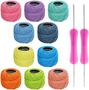 Kurtzy Pack de 10 Hilo para Tejer a Crochet de Colores Pastel Lanas para Crochet de Algodón con 2 Agujas de Ganchillo (1 mm y 2 mm) - Cada Madeja Pesa 20 g - Total de 1500 m de Hilo Colorido