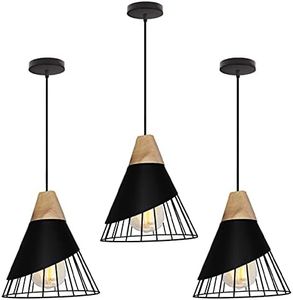 TOKIUS Suspension Luminaire Moderne Industrielle Bois Lustre Abat-jour Métal Vintage forme Cage Ø25cm Plafonnier E27 Design pour Cuisine Chambre Salon (Noir-3pcs)