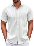 COOFANDY Mens Short Sleeve Casual Button Down Shirts Summer Untucked Dress Shirts with Pocket Green Stripe-White