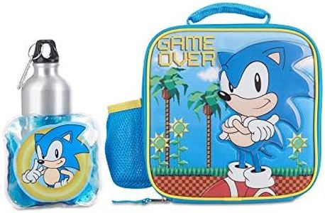 AI ACCESSORY INNOVATIONS Sonic Lunch Box Set for Boys & Girls, Stainless Steel Water Bottle with Carabiner Clip and Ice Pack, Insulated & Waterproof Lunch Bag with Zipper, 4 Pieces