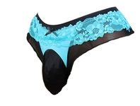 aishani men's pouch briefs panties men's lace thong G-string bikini cheeky hot underwear for men VC4, Blue/Black, Large