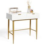 BTFY White Dressing Table for Bedroom - Honeycomb Design Vanity Table with Drawers - Make Up Table with Glossy Lacquer Finish - Geometric Console Table with Gold Legs & Handles - Desk for Home Office