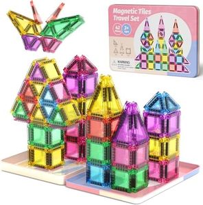 WMXDU Mini Magnetic Tiles with Iron Box, 42PCS Travel Size Magnet Building Blocks Toy Set, Protable Construction Block Toys Educational Learning Sensory Toys for 3+ Year Old Boys Girls Birthday Gift
