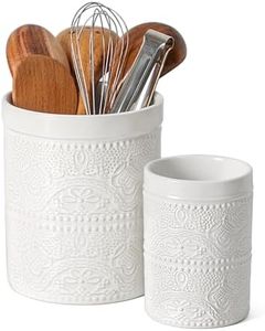 FUN ELEMENTS Kitchen Utensil Holder, 7.2+5.5" Super Large Utensil Crock Heavy and Stable Lace Emboss Ceramic Utensil Holder for Kitchen Counter(2Pcs Bright White)