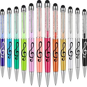 12 Pcs Music Pens Stylus Musical Note Pens Crystal Ballpoint Pen 2-in-1 Stylus Retractable Touch Screen Stylus Pen Musical Pen with Stylus Tips Music Teacher Student Gift Party Favor (Assorted Colors)