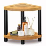 Corner Shower Stool with Storage Shelf,Waterproof Bamboo Corner Shower Seat for Bathroom,Sturdy and Non-Slip Shower Bench for Shaving Legs,Height Adjustable Metal Chair legs with Anti Slip Pad (Brown)