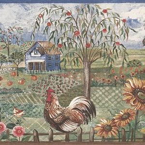 CONCORD WALLCOVERINGS ™ Wallpaper Border Country Pattern Chicken Cows Barns Sunflowers Village for Cottage Kitchen Dining Room, Brown Blue Red Yellow Green, 15 Feet by 7 Inches CS531B