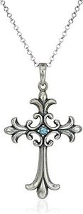 Sterling Silver Oxidized Genuine Swiss Blue Topaz Celtic Cross Pendant Necklace, 18"