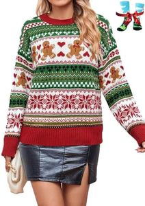 Berthmeer Cute Christmas Sweater for Women Long Sleeve Crewneck Ugly Christmas Sweater Loose Pullover Knitwear, Gingerman, Medium