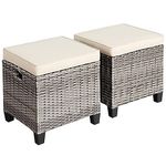 Tangkula 2 Pieces Patio Rattan Ottomans, Outdoor Wicker Footstool Footrest Seat with Soft Cushions and Steel Frame, All-Weather Patio Ottoman Set for Backyard Garden Poolside