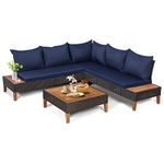 RELAX4LIFE 4PCS Rattan Furniture Set, Outdoor Sectional Sofa Set with Acacia Coffee Table, Removable Cushions & Pillows, All-Weather Patio Conversation Set for Garden Backyard Porch