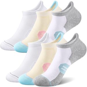 CS CELERSPORT 6 Pack Women's Ankle Running Socks Cushioned Low Cut Tab Athletic Socks, White+Grey+Blue, Medium
