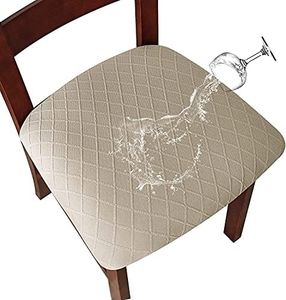 SHENGYIJING Fundas de asiento elásticas impermeables con diseño de celosía de diamante para sillas de comedor, fundas de sillas de cocina con hebilla (caqui, 4)