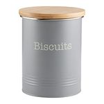 EHC Round Enamel Airtight Seal Cookie/Biscuit Kitchen Storage Canister Jar With Wooden Lid, Grey