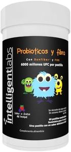 Probiótico con Prebióticos para Niños con 6 Mil Millones de UFC, Sunfiber y FOS, para mayor eficacia. Probiótico Diario Masticable de Excelente Sabor, Suministro para 2 Meses por Botella