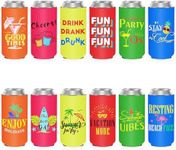 Beach Themed Slim Can Cooler Sleeve Skinny Tall Cans 12 Oz Bulk Insulated Drink Can Sleeves Holder for Beverages Cans and Bottles Summer Pool Hawaiian Party Favors (12-Pack)