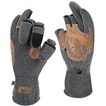 Palmyth Magnetic Fleece Fishing Gloves Convertible 3 Cut Fingers Ice Fishing Warm for Cold Weather Photography (Gray, Large)