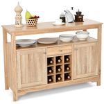 COSTWAY Kitchen Buffet Sideboard, Wooden Storage Cabinet with 9-Bottle Wine Grid Rack, Adjustable Shelf, 2 Doors, Drawer & 5 Legs, Freestanding Cupboard Console Table for Dining Living Room (Natural)