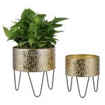 MyGift Modern Brass Tone Metal Planter Pots with Pebbled Texture, Hammered Plant Containers with Matte Black Wire Stands, 2 Piece Set, 8 and 10 Inch - Handcrafted in India