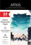 ARTIOS Artists' Watercolor Paper A3 300 GSM - 100% Cotton, Cold-Pressed, Acid-Free, Handmade Water Colour Papers for Watercolour, Acrylic, Gouache, Ink & Mixed Media, 24 Sheets