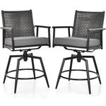 COSTWAY Set of 2 Patio Swivel Bar Stools, Outdoor Counter Height Pub Chairs with Rattan Back, Removable Cushion, Armrests & Footrest, Metal Frame Dining Chairs for Balcony Poolside