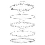 Silver Bracelets for Women Girls, Dainty Silver Paperclip Link Bead Bracelet Set Stackable Layered Bracelets Metal Fashion Jewelry Gifts (5 Pcs)