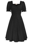 Belle Poque Black Flowy Knee Length Midi Dress Vintage Retro Swing Stretchy Cottage Sun Dresses Casual XL