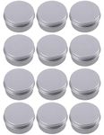 Store2508 12 Pcs Small Aluminium Tin Cans, Silver Round Tin Box Containers with Screw Lid, Empty Metal Travel Container Tin Jars for Make Up, Candles, Jewellery 7x2.5 Cm (Silver 12 Pcs)