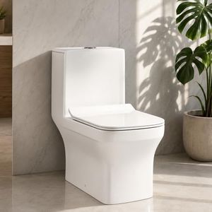 KrissKross Premium Western Floor Mounted One Piece Commode Water Closet Ceramic Western Toilet/European Commode Square With Soft Close Seat Cover For Lavatory, Toilets (P-Trap Outlet Is From Wall)