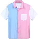 Men's Colorblock Short Sleeve Shirts Gender Reveal Pink Blue Shirts Pocket Front Button Down Shirt Top, Pink and Blue, X-Large