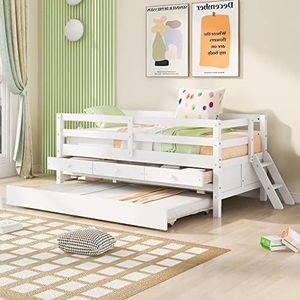 Merax Twin Modern Wood Daybed with Trundle Bed and Drawers Sofa Bed Frame for Kids Boys Girls/No Box Spring Needed White