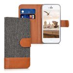 kwmobile Wallet Case Compatible with Apple iPhone SE (1.Gen 2016) / iPhone 5 / iPhone 5S - Case Fabric and Faux Leather Phone Flip Cover - Anthracite/Brown