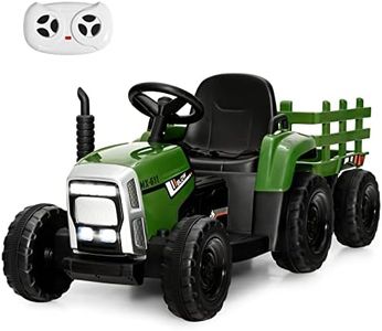 COSTWAY Ride on Tractor and Trailer, 12V Battery Powered Electric Kids Toy Car with Remote Control, LED Lights, USB & Bluetooth Music, Four Wheels Ride on Toys for Children Ages 3+(Dark Green)