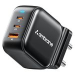 Ambrane 65W Charger Adapter, 3 Ports - 2 Type C & 1 USB for Samsung, Type C Laptops: MacBook, Dell, HP, ASUS, Fast Charger with PD Technology & GaN Technology for All Devices (RAAP G65, Black)