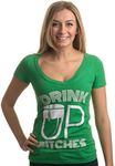 Ann Arbor T-shirt Co. Women's Drink Up, Bitches! Funny St. Patrick's Day Green Deep V-Neck-Deepv,S Large Irish Green