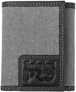 Timberland PRO Men's Canvas Leather RFID Trifold Wallet with Zippered Pocket, Charcoal, One Size