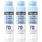 Neutrogena Ultra Sheer Body Mist Sunscreen Spray Broad Spectrum SPF 70, Lightweight, Non-Greasy & Water Resistant, Oil-Free & Non-Comedogenic UVA/UVB Sunscreen Mist, 5 Oz (Pack Of 3), All Skin Type