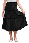 GORLYA Girls Boho Casual Elastic High Waist Tiered Ruffle Hem Long Swing Maxi Skirt 4-14T(GOR1141,12Y,Black)