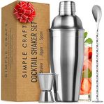 Simple Craft Cocktail Shaker Set - Stainless Steel 24oz Drink Shaker With Spoon and Jigger - Professional Grade Martini Shaker & Bar Shaker for Mixing Liquor, Chilled Drinks, and More