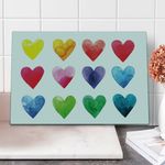 Ambesonne Valentine Cutting Board, Rainbow Colored Heart Shapes in Watercolors Hand Drawn Romantic Illustration, Decorative Tempered Glass Cutting and Serving Board, Large Size, Pastel Red