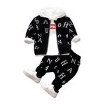 Bold N Elegant Full Sleeve Alphabet Text Print Hoodie T-shirt with Jacket & Pants 3 piece Winter Clothing Set for Infant Toddler Baby Boy Girl Kids (1-2 Years, White-Black)