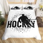 Erosebridal Ice Hockey Bedding Set Puck Sports Games Duvet Cover for Fans Boys Youth Teenagers, Hockey Player Winter Event Comforter Cover White Black Microfiber Quilt Cover with 2 Pillow Cases, Full