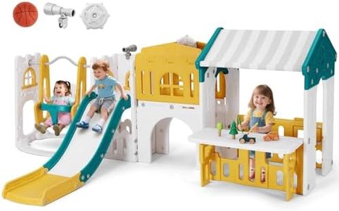 JOYLDIAS 10 in 1 Toddler Slide, Freestanding Kid Climber Slide Playset, Toddler Playhouse with Slide and Swing, Basketball Hoop, Telescope, Indoor Outdoor Backyard Playground Toy for Toddlers Age 1-3+