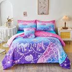 URBONUR 6Pcs Twin Bedding Set for Girls Gradient Purple Blue Mermaid Printed Comforter Set for Twin Bed, Teen Girls Comforter with Sheet Set - Bed in a Bag, Soft and Easy Care Bed Set