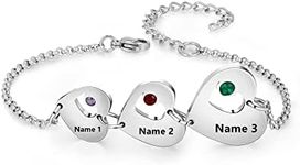 Luxladis Personalized Custom Name Heart Bracelet with 1-6 Birthstones Love Bracelet for Women Engraved Names Link Bracelets for Mother's Day Mom, Stainless Steel, Cubic Zirconia