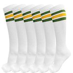 juDanzy 3 Pairs of Knee High Boys or Girls Stripe Team Tube Socks for Soccer, Basketball, baseball and Everyday Wear, White With Green and Yellow Stripes, 10-15 Years