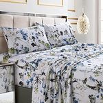 Tribeca Living Full Size Bed Sheet Set, 300 Thread Count Soft Cotton Sateen, Floral Print with Extra Deep Pockets, 4-Piece Bedding Set, Amalfi Blue/Multicolor