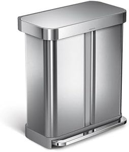 simplehuman 58 Liter Rectangular Hands-Free Dual Compartment Recycling Kitchen Step Rubbish Bin with Soft-Close Lid, Brushed Stainless Steel